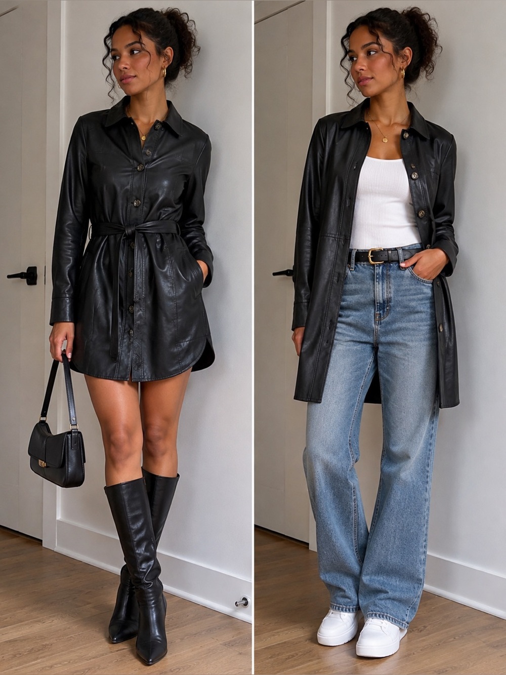 H&M Black Leather Button-Front Trench Dress Coat NWT